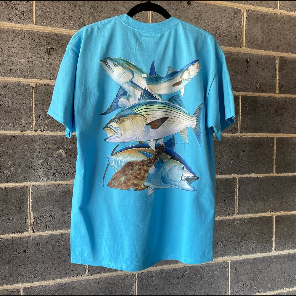 Guy Harvey - Large - Baby Blue - Short Sleeved Pocket Tee w/ Fish Graphics